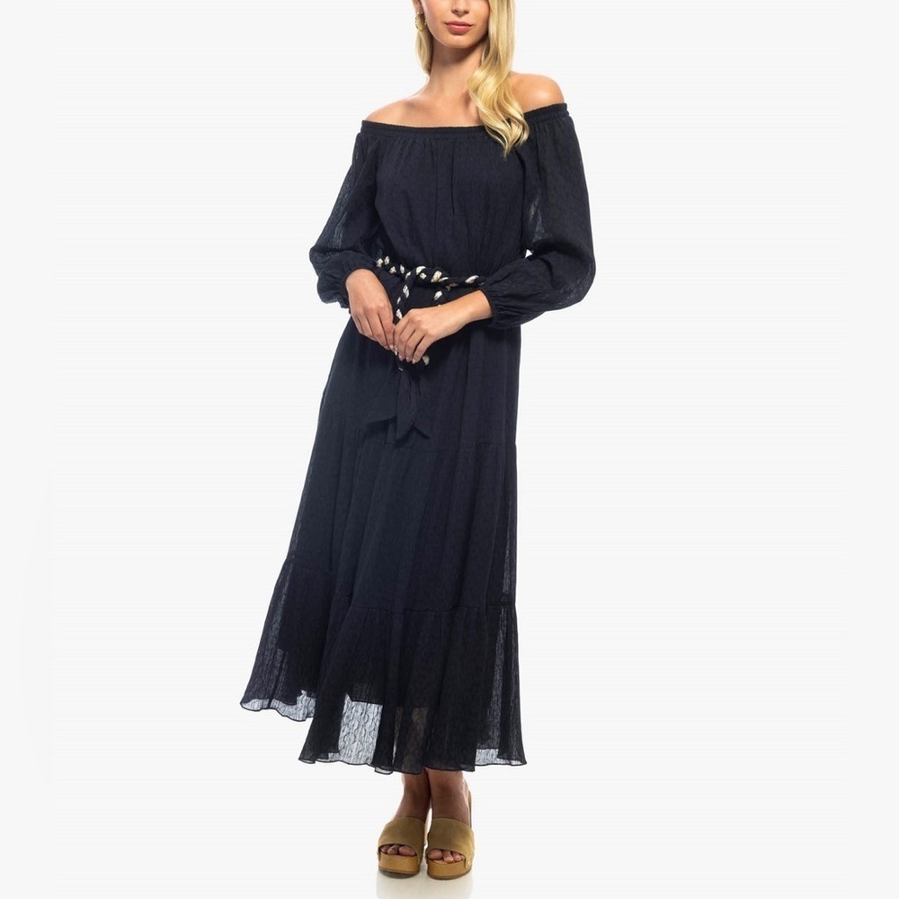 Shoshanna Women's Talon Cotton Burnout Midi Dress Navy Blue Off Shoulder 12 belt